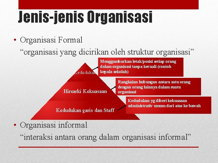 Jenis-jenis Organisasi • Organisasi Formal “organisasi yang dicirikan oleh struktur organisasi” Menggambarkan letak/posisi setiap