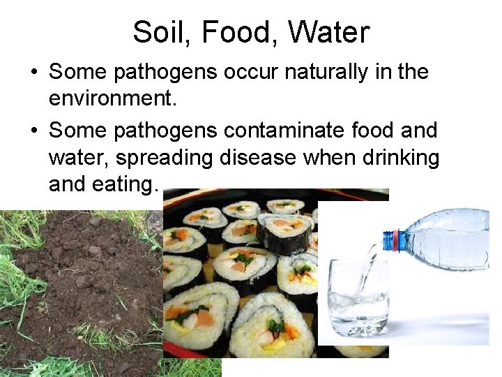 Soil, Food, Water • Some pathogens occur naturally in the environment. • Some pathogens