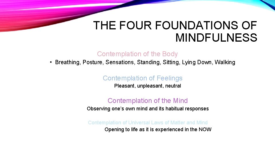 THE FOUR FOUNDATIONS OF MINDFULNESS Contemplation of the Body • Breathing, Posture, Sensations, Standing,