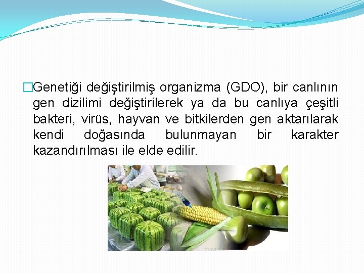 �Genetiği değiştirilmiş organizma (GDO), bir canlının gen dizilimi değiştirilerek ya da bu canlıya çeşitli