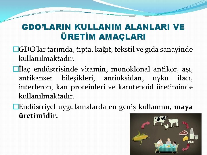 GDO’LARIN KULLANIM ALANLARI VE ÜRETİM AMAÇLARI �GDO’lar tarımda, tıpta, kağıt, tekstil ve gıda sanayinde