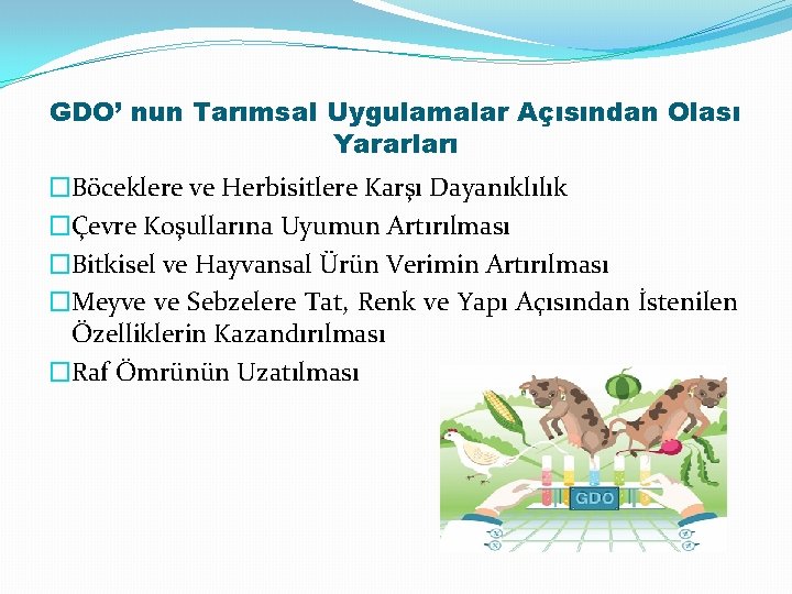 GDO’ nun Tarımsal Uygulamalar Açısından Olası Yararları �Böceklere ve Herbisitlere Karşı Dayanıklılık �Çevre Koşullarına