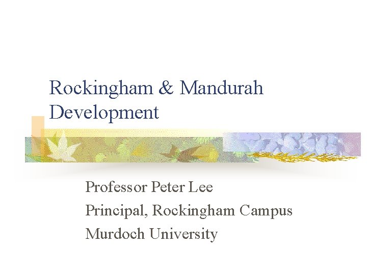 Rockingham & Mandurah Development Professor Peter Lee Principal, Rockingham Campus Murdoch University 