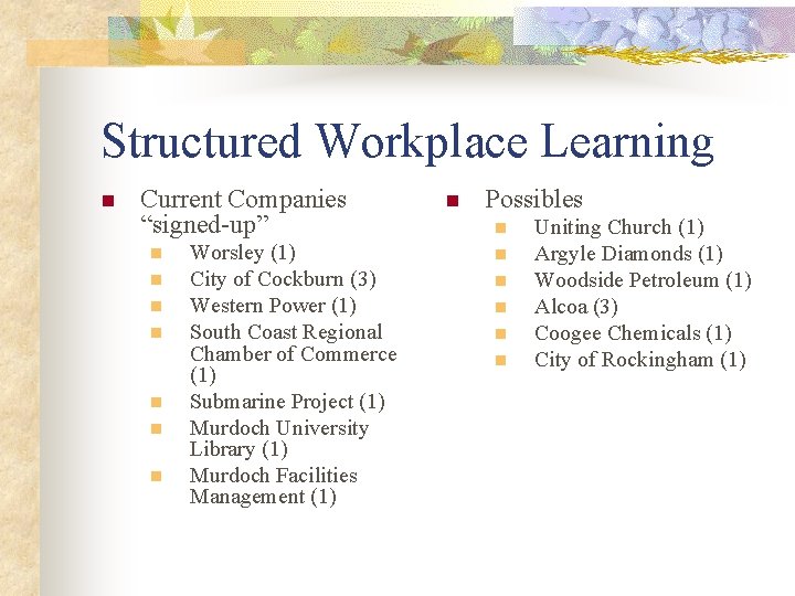 Structured Workplace Learning n Current Companies “signed-up” n n n n Worsley (1) City