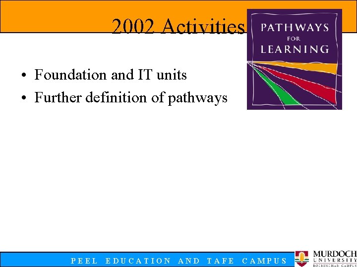 2002 Activities • Foundation and IT units • Further definition of pathways PEEL EDUCATION