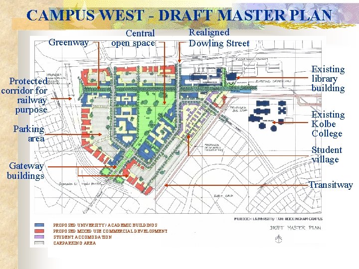 CAMPUS WEST - DRAFT MASTER PLAN Greenway Central open space Realigned Dowling Street Existing CAMPUS WEST - DRAFT MASTER PLAN Greenway Central open space Realigned Dowling Street Existing