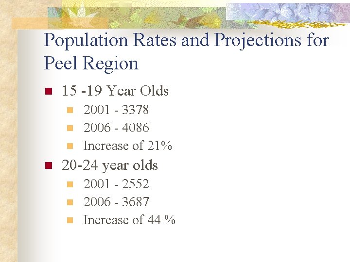 Population Rates and Projections for Peel Region n 15 -19 Year Olds n n