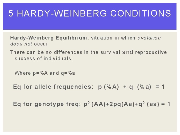 5 HARDY-WEINBERG CONDITIONS Hardy-Weinberg Equilibrium: situation in which evolution does not occur There can