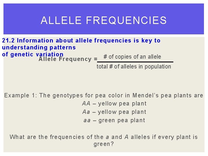 ALLELE FREQUENCIES 21. 2 Information about allele frequencies is key to understanding patterns of