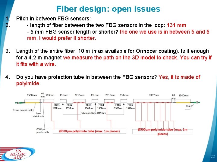 Fiber design: open issues 1. 2. Pitch in between FBG sensors: - length of