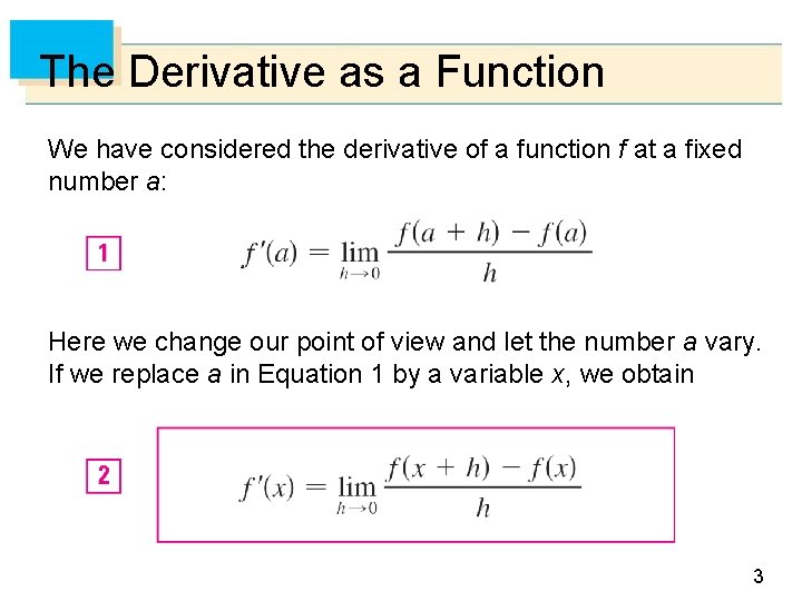 The Derivative as a Function We have considered the derivative of a function f