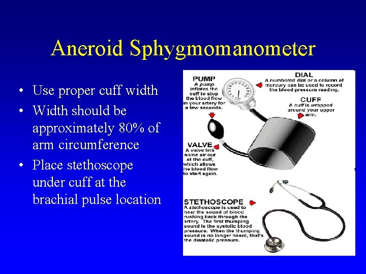 Aneroid Sphygmomanometer • Use proper cuff width • Width should be approximately 80% of