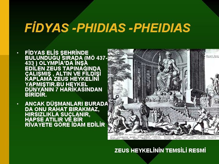 FİDYAS -PHIDIAS -PHEIDIAS • FİDYAS ELİS ŞEHRİNDE BULUNDUĞU SIRADA (MÖ 437433 ) OLYMPİA’DA İNŞA