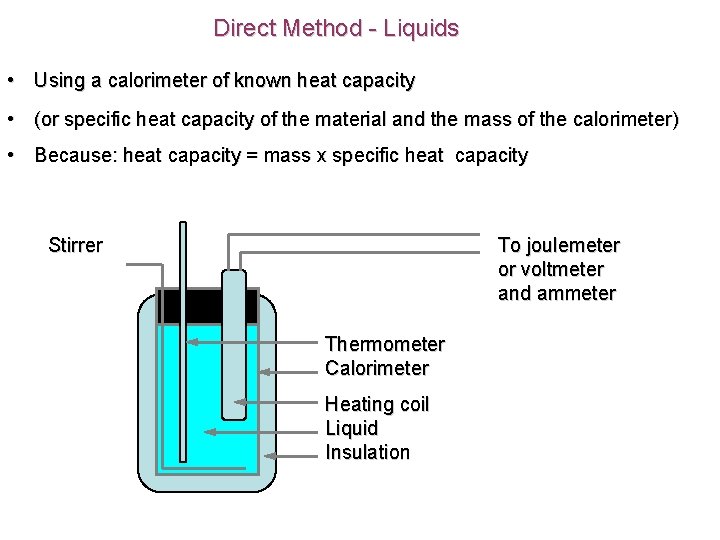 Direct Method - Liquids • Using a calorimeter of known heat capacity • (or