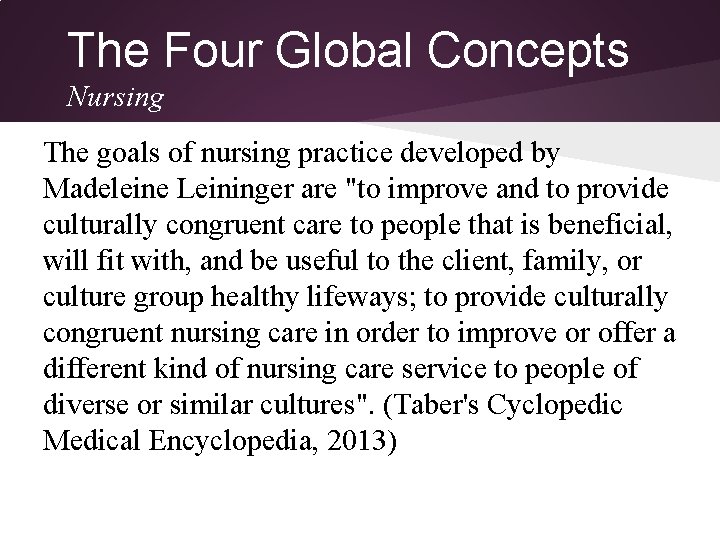The Four Global Concepts Nursing The goals of nursing practice developed by Madeleine Leininger The Four Global Concepts Nursing The goals of nursing practice developed by Madeleine Leininger