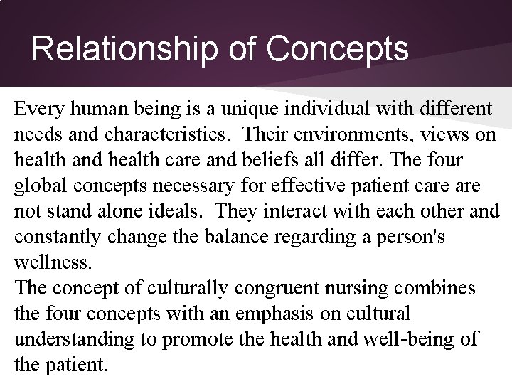 Relationship of Concepts Every human being is a unique individual with different needs and Relationship of Concepts Every human being is a unique individual with different needs and