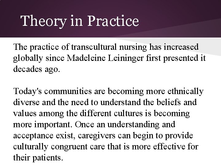 Theory in Practice The practice of transcultural nursing has increased globally since Madeleine Leininger Theory in Practice The practice of transcultural nursing has increased globally since Madeleine Leininger