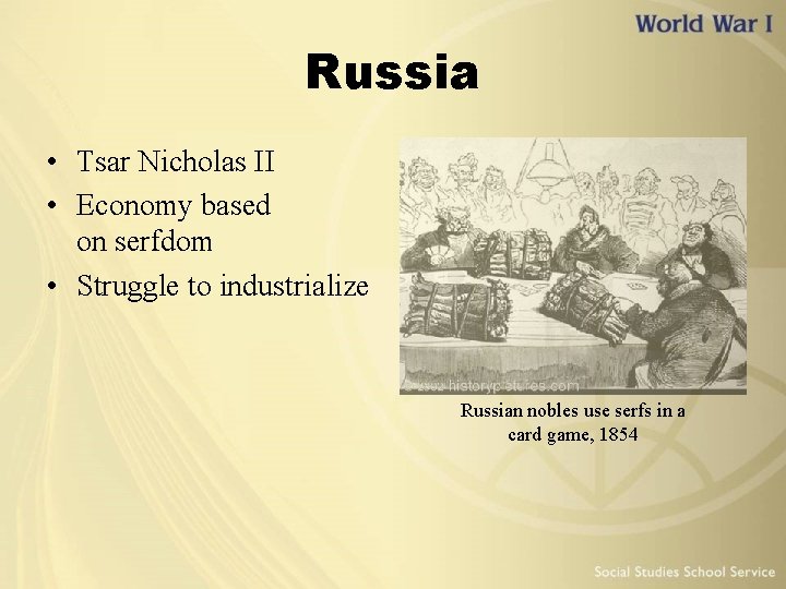 Russia • Tsar Nicholas II • Economy based on serfdom • Struggle to industrialize