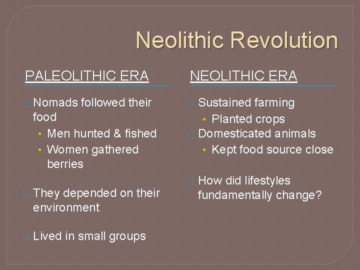 Neolithic Revolution PALEOLITHIC ERA � Nomads followed their food • Men hunted & fished