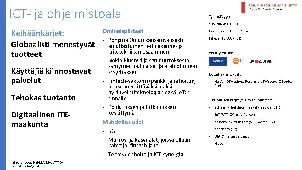 ICT- ja ohjelmistoala Työllistävyys: Yrityksiä: 450 (+ 5%) Keihäänkärjet: Globaalisti menestyvät tuotteet Käyttäjiä kiinnostavat