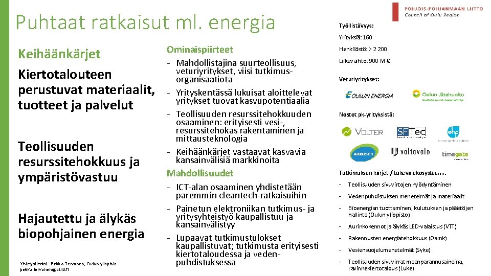 Puhtaat ratkaisut ml. energia Keihäänkärjet Kiertotalouteen perustuvat materiaalit, tuotteet ja palvelut Teollisuuden resurssitehokkuus ja