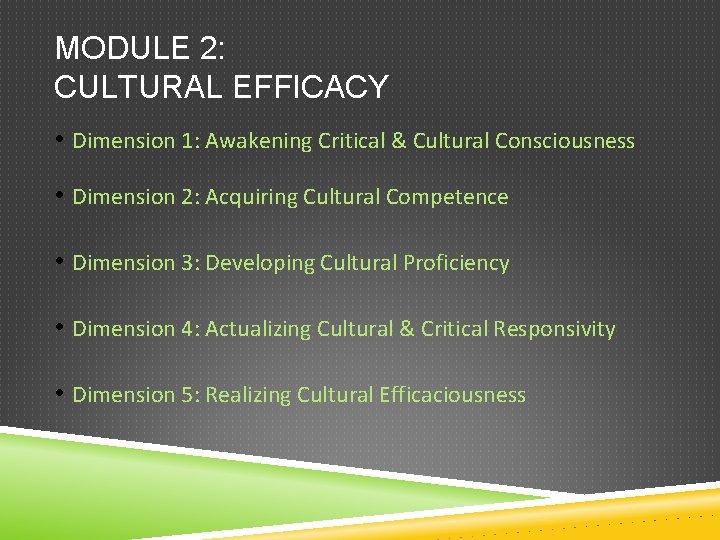 MODULE 2: CULTURAL EFFICACY • Dimension 1: Awakening Critical & Cultural Consciousness • Dimension
