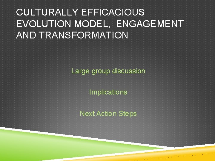 CULTURALLY EFFICACIOUS EVOLUTION MODEL, ENGAGEMENT AND TRANSFORMATION Large group discussion Implications Next Action Steps