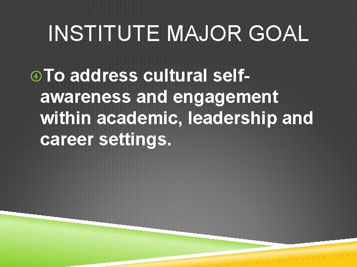 INSTITUTE MAJOR GOAL To address cultural self- awareness and engagement within academic, leadership and
