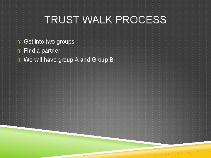 TRUST WALK PROCESS Get into two groups Find a partner We will have group