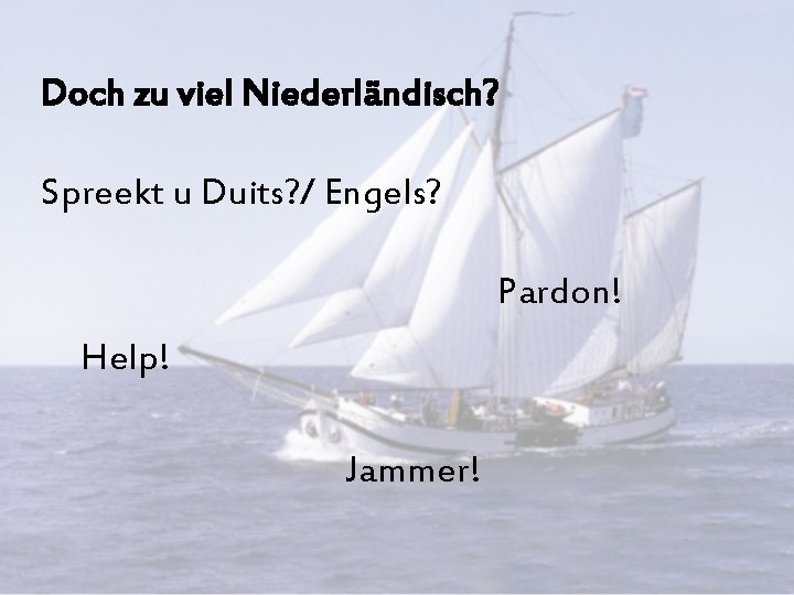 Doch zu viel Niederländisch? Spreekt u Duits? / Engels? Pardon! Help! Jammer! 