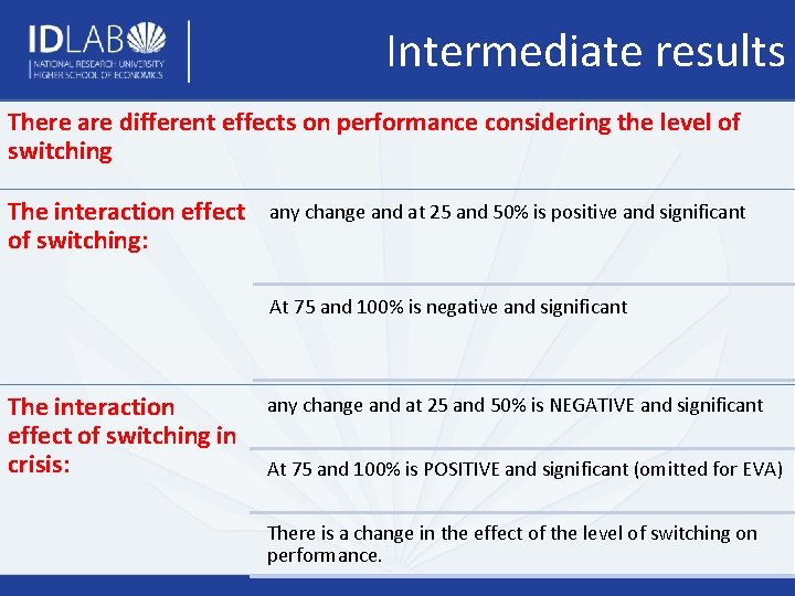 Intermediate results There are different effects on performance considering the level of switching The