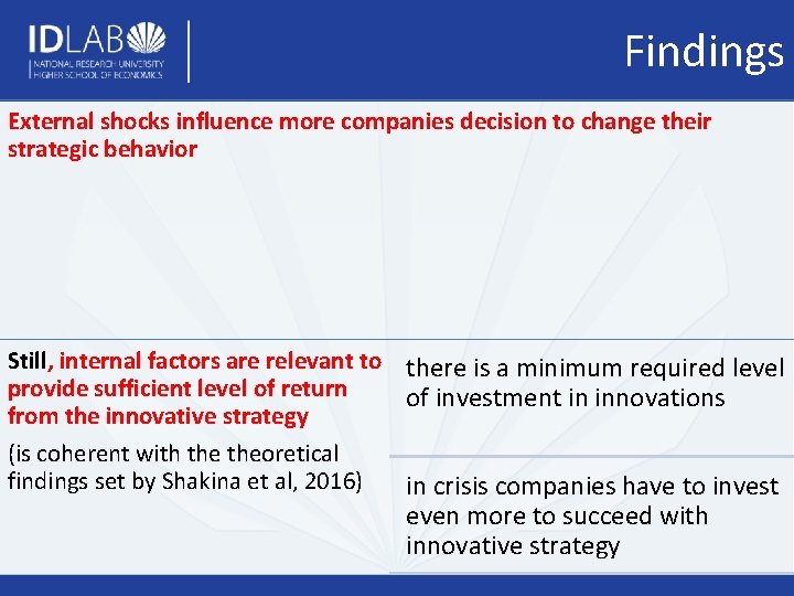Findings External shocks influence more companies decision to change their strategic behavior Still, internal