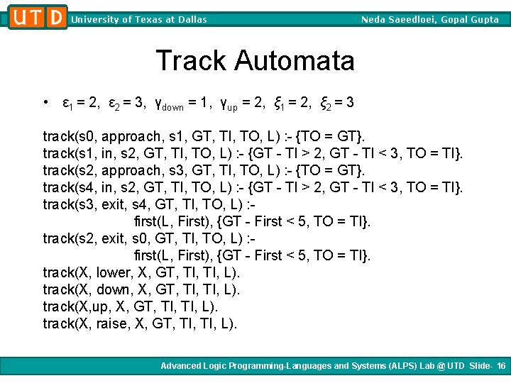 University of Texas at Dallas Neda Saeedloei, Gopal Gupta Track Automata • ε 1