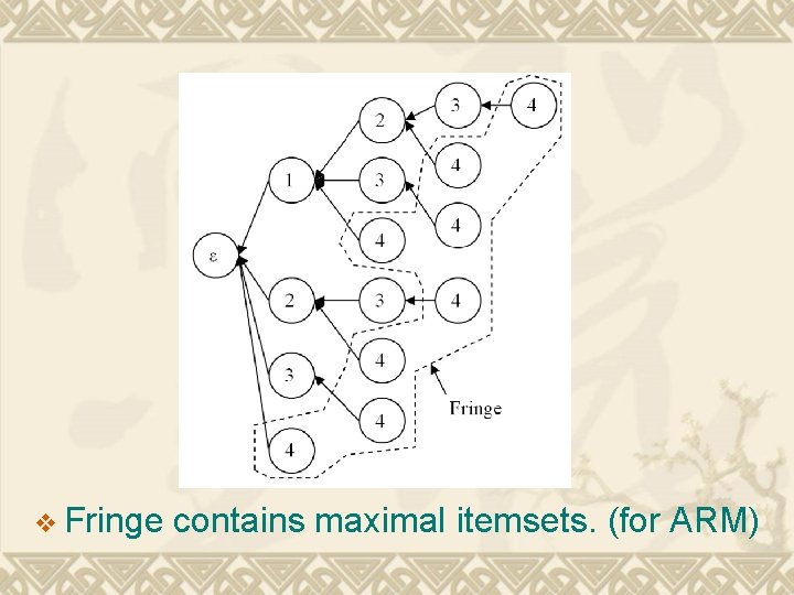 v Fringe contains maximal itemsets. (for ARM) 