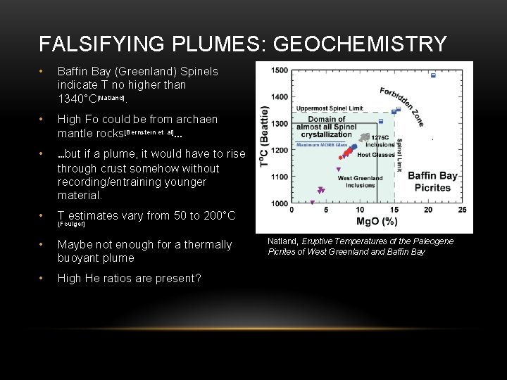 FALSIFYING PLUMES: GEOCHEMISTRY • Baffin Bay (Greenland) Spinels indicate T no higher than 1340°C[Natland].