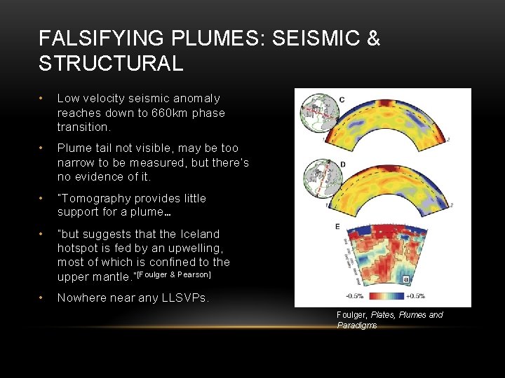 FALSIFYING PLUMES: SEISMIC & STRUCTURAL • Low velocity seismic anomaly reaches down to 660