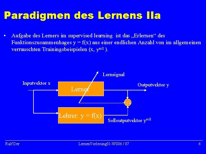 Paradigmen des Lernens IIa • Aufgabe des Lerners im supervised learning ist das „Erlernen“ Paradigmen des Lernens IIa • Aufgabe des Lerners im supervised learning ist das „Erlernen“