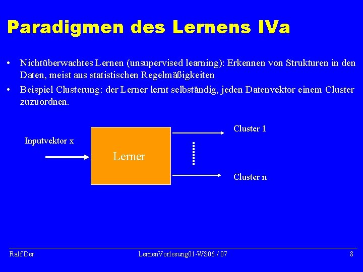 Paradigmen des Lernens IVa • Nichtüberwachtes Lernen (unsupervised learning): Erkennen von Strukturen in den