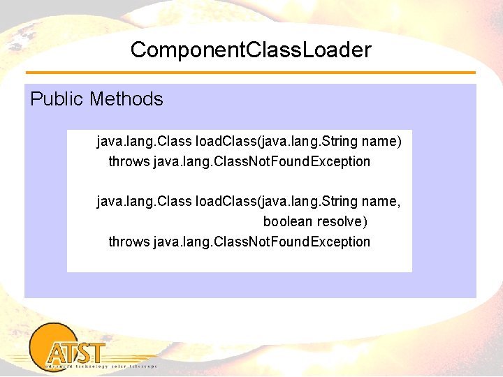 Component. Class. Loader Public Methods java. lang. Class load. Class(java. lang. String name) throws
