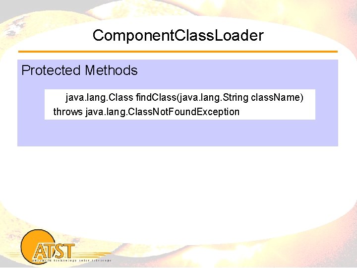 Component. Class. Loader Protected Methods java. lang. Class find. Class(java. lang. String class. Name)