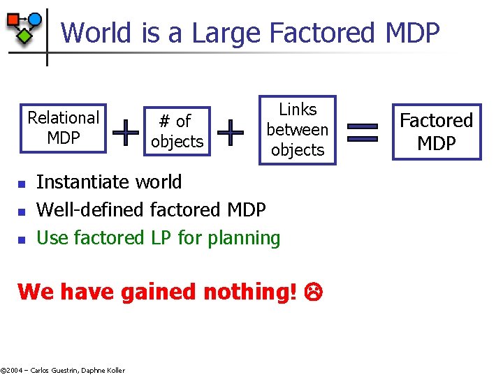 World is a Large Factored MDP Relational MDP n n n # of objects World is a Large Factored MDP Relational MDP n n n # of objects