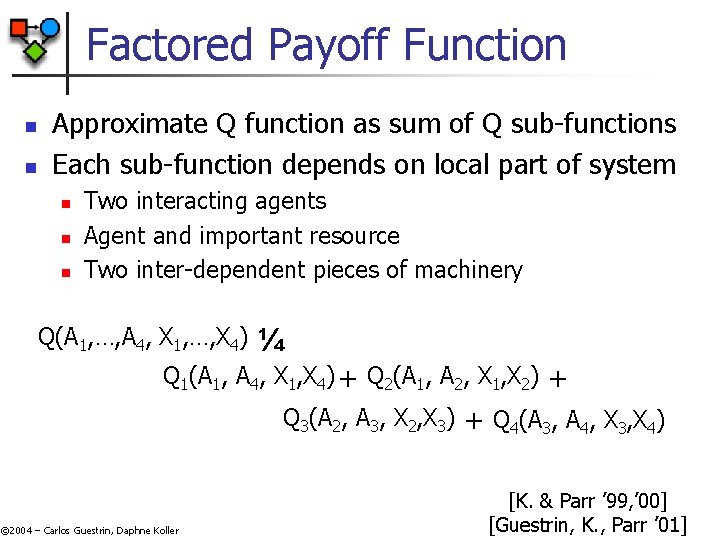 Factored Payoff Function n n Approximate Q function as sum of Q sub-functions Each Factored Payoff Function n n Approximate Q function as sum of Q sub-functions Each