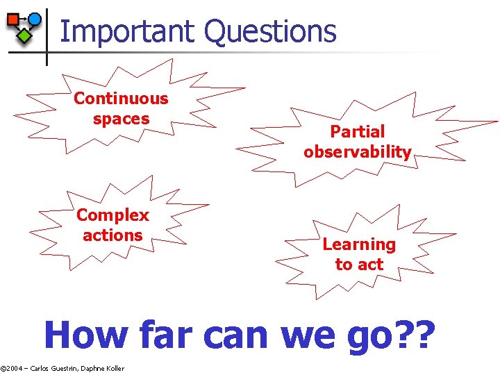 Important Questions Continuous spaces Complex actions Partial observability Learning to act How far can Important Questions Continuous spaces Complex actions Partial observability Learning to act How far can