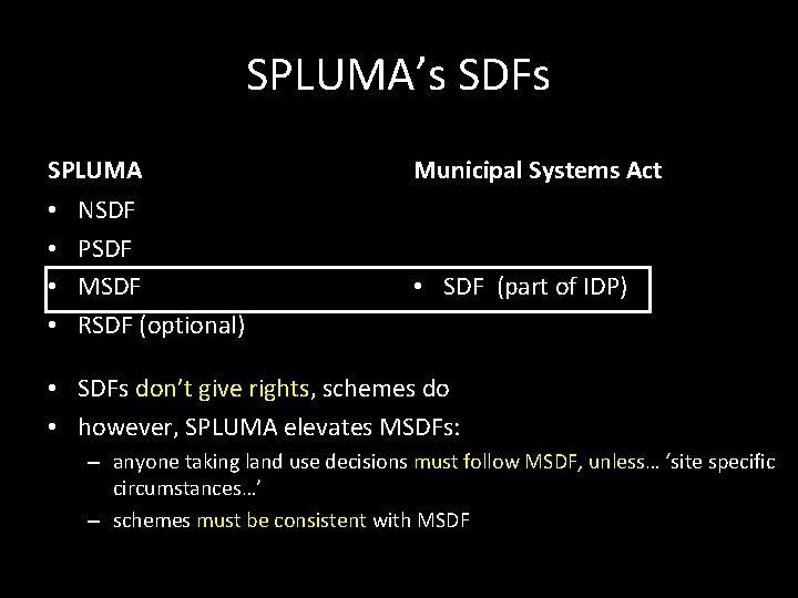 SPLUMA’s SDFs SPLUMA • • NSDF PSDF MSDF RSDF (optional) Municipal Systems Act • SPLUMA’s SDFs SPLUMA • • NSDF PSDF MSDF RSDF (optional) Municipal Systems Act •