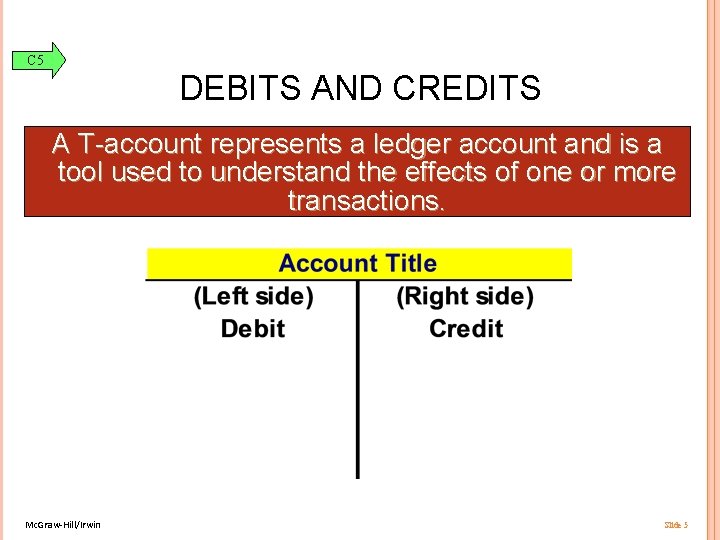 C 5 DEBITS AND CREDITS A T-account represents a ledger account and is a