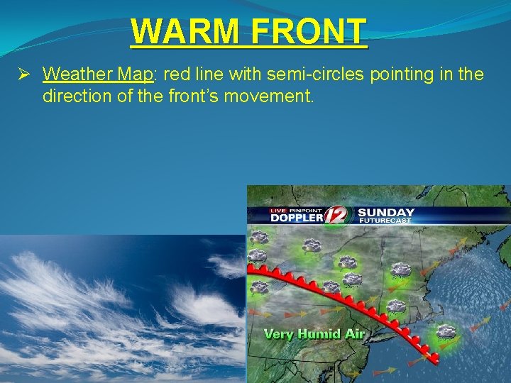 WARM FRONT Ø Weather Map: red line with semi-circles pointing in the direction of