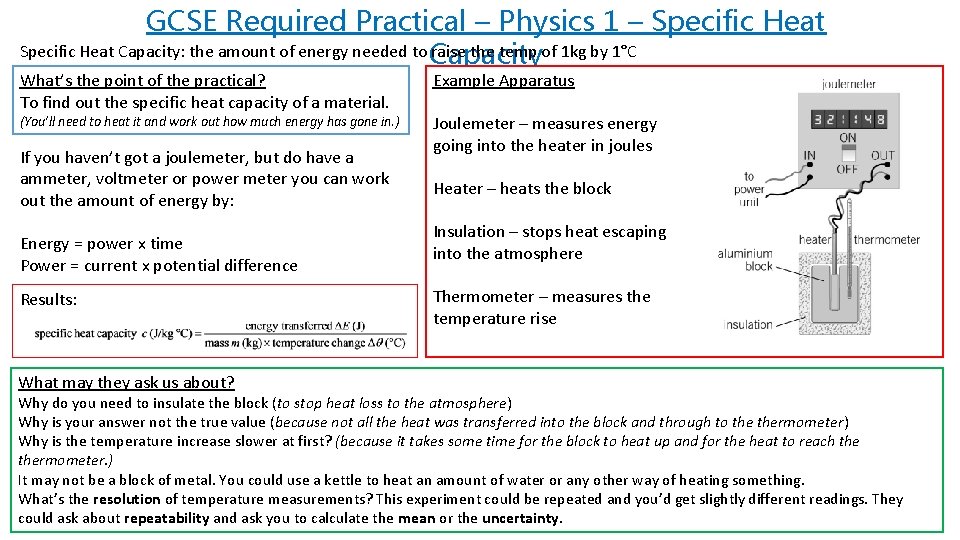 GCSE Required Practical – Physics 1 – Specific Heat Capacity: the amount of energy