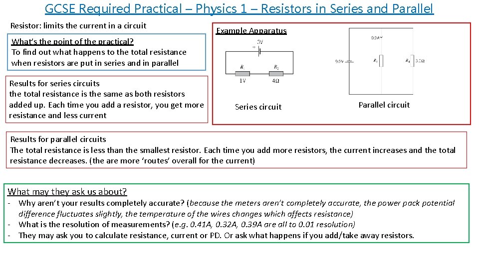 GCSE Required Practical – Physics 1 – Resistors in Series and Parallel Resistor: limits