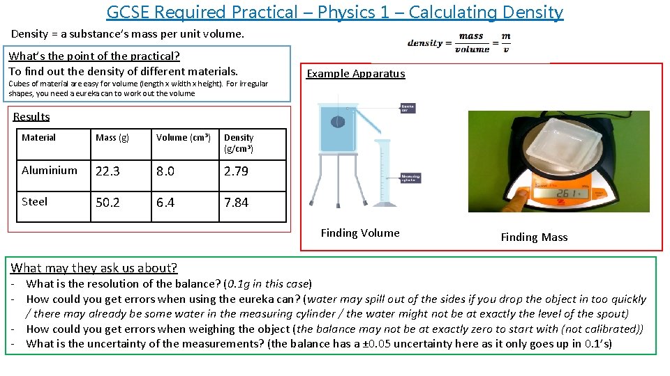 GCSE Required Practical – Physics 1 – Calculating Density = a substance’s mass per