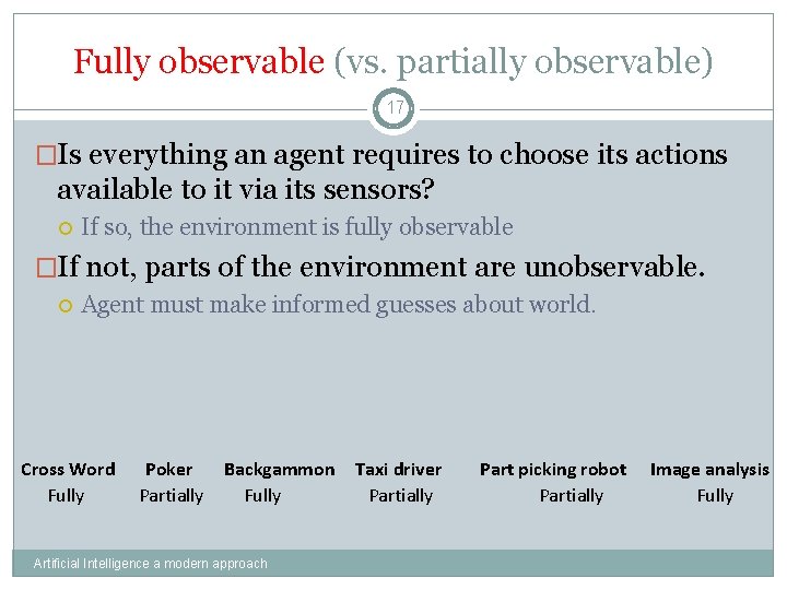 Fully observable (vs. partially observable) 17 �Is everything an agent requires to choose its